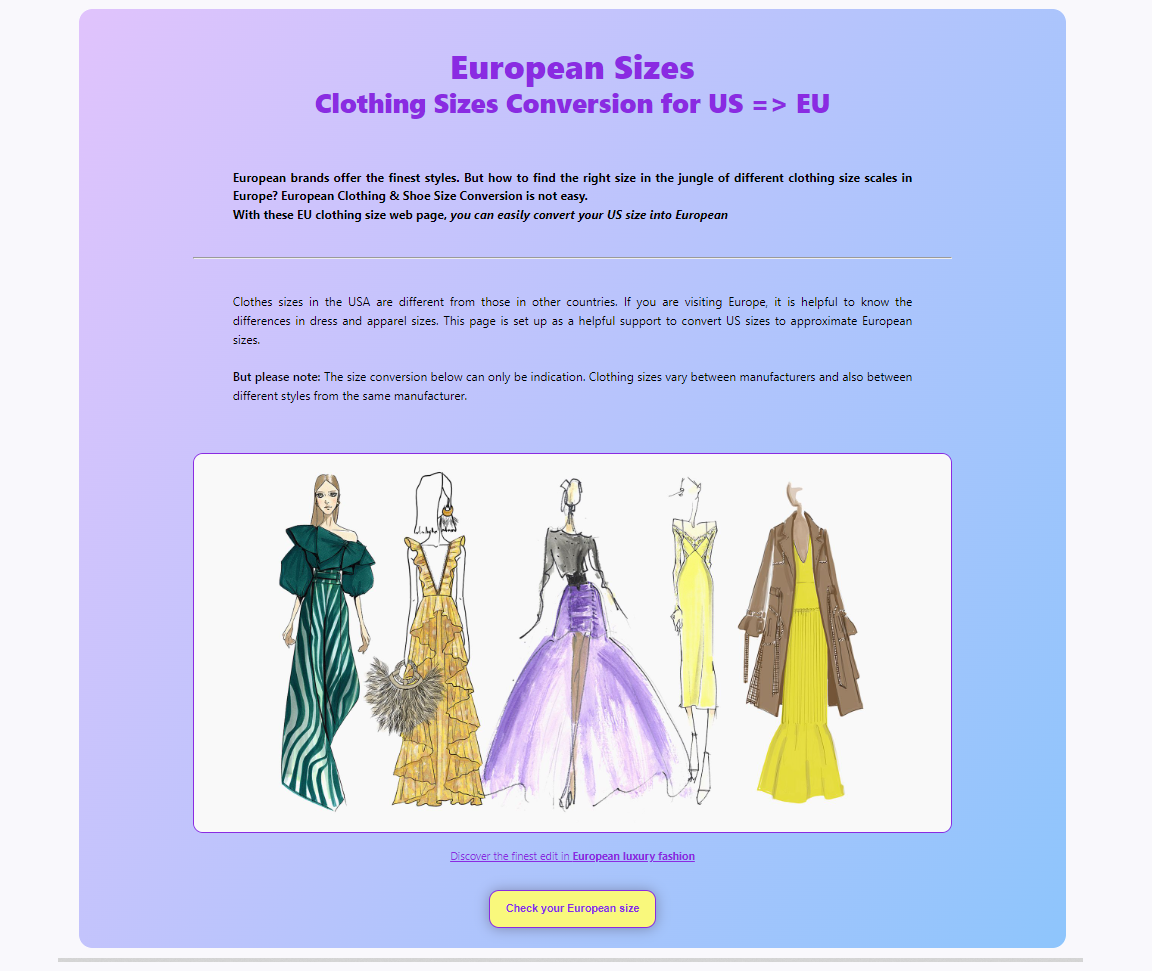 Europen sizes project preview